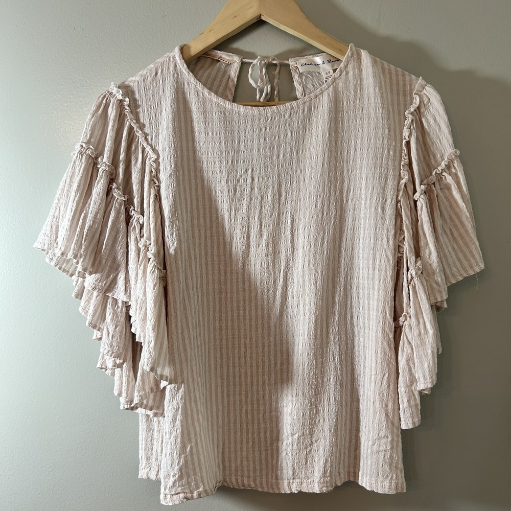Chelsea & Theodore Blouse Women's Small Seersucker Tiered Flutter Sleeve Boho